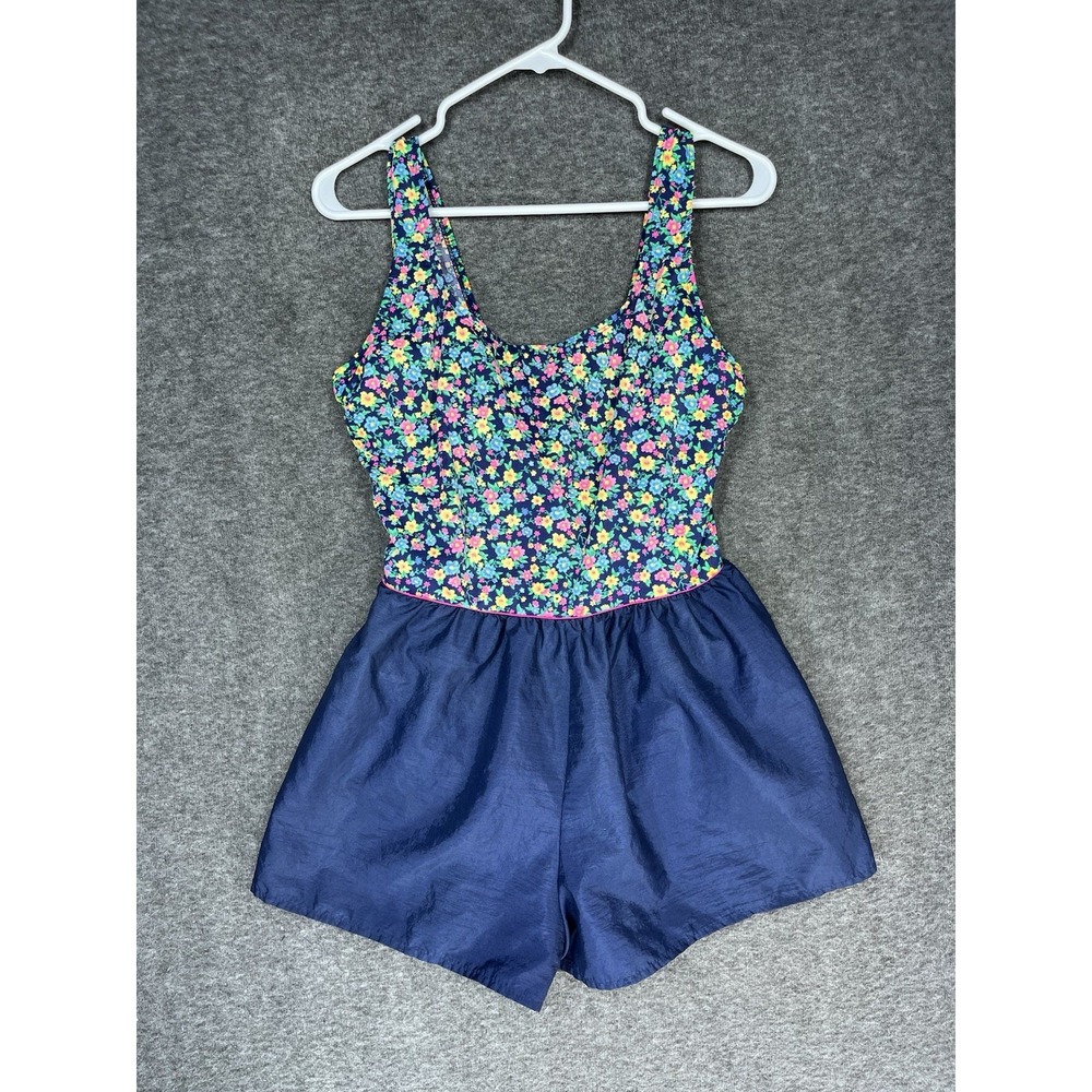 Vintage Sunbird Women's Swimsuit Size 40 One Piece Shorts Navy Blue Micro Floral